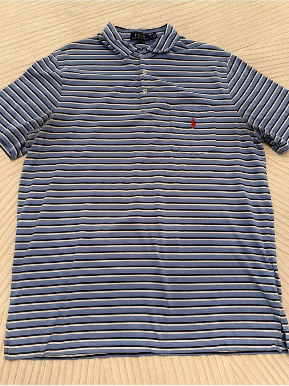 Polo by Ralph Lauren Blue and White Striped Polo with Red Pony